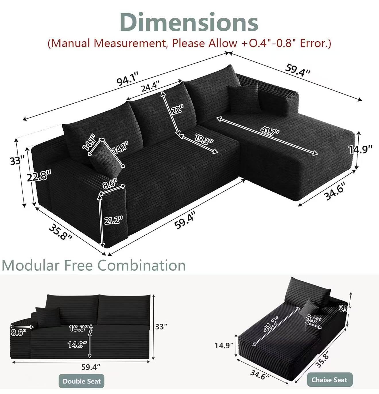 96” Modular Cloud Couch Sectional Sofa Bed Chaise for Living Room