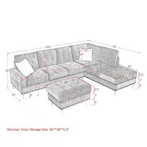Sectional Sofa with Chaise & Storage Ottoman, Metal Legs (Chenille + 4 Seat + Foam)