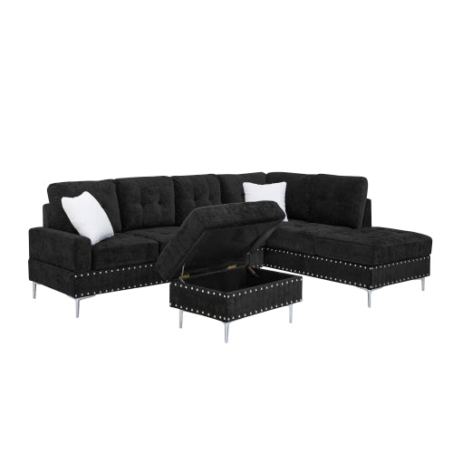 Sectional Sofa with Chaise & Storage Ottoman, Metal Legs (Chenille + 4 Seat + Foam)