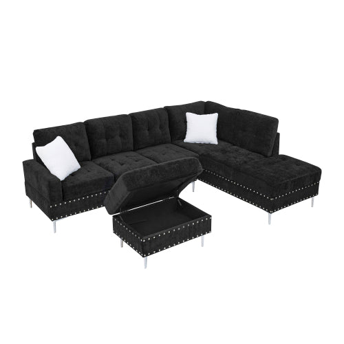 Sectional Sofa with Chaise & Storage Ottoman, Metal Legs (Chenille + 4 Seat + Foam)