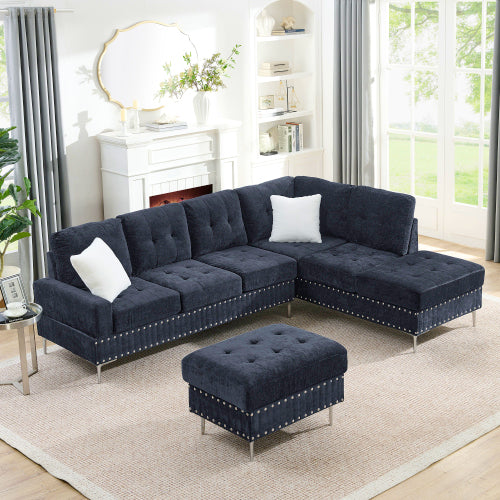 Sectional Sofa with Chaise & Storage Ottoman, Metal Legs (Chenille + 4 Seat + Foam)