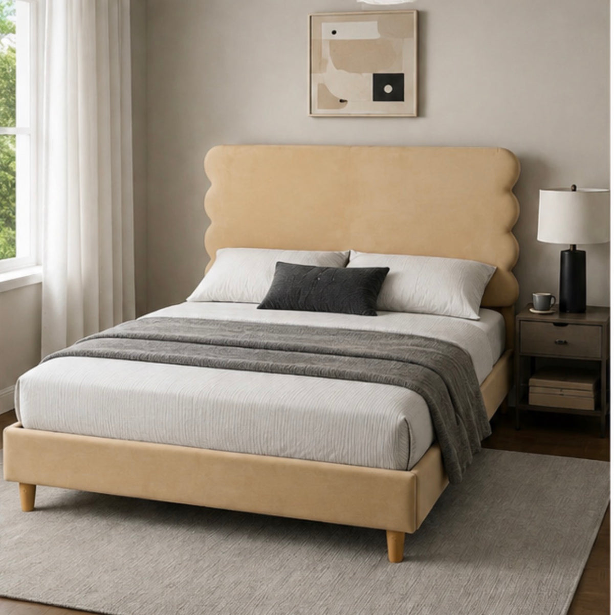 BED - VELVET - NO NEED BOX SPRING - WHITE & BRONZE