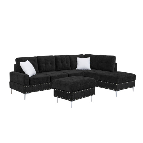 Sectional Sofa with Chaise & Storage Ottoman, Metal Legs (Chenille + 4 Seat + Foam)