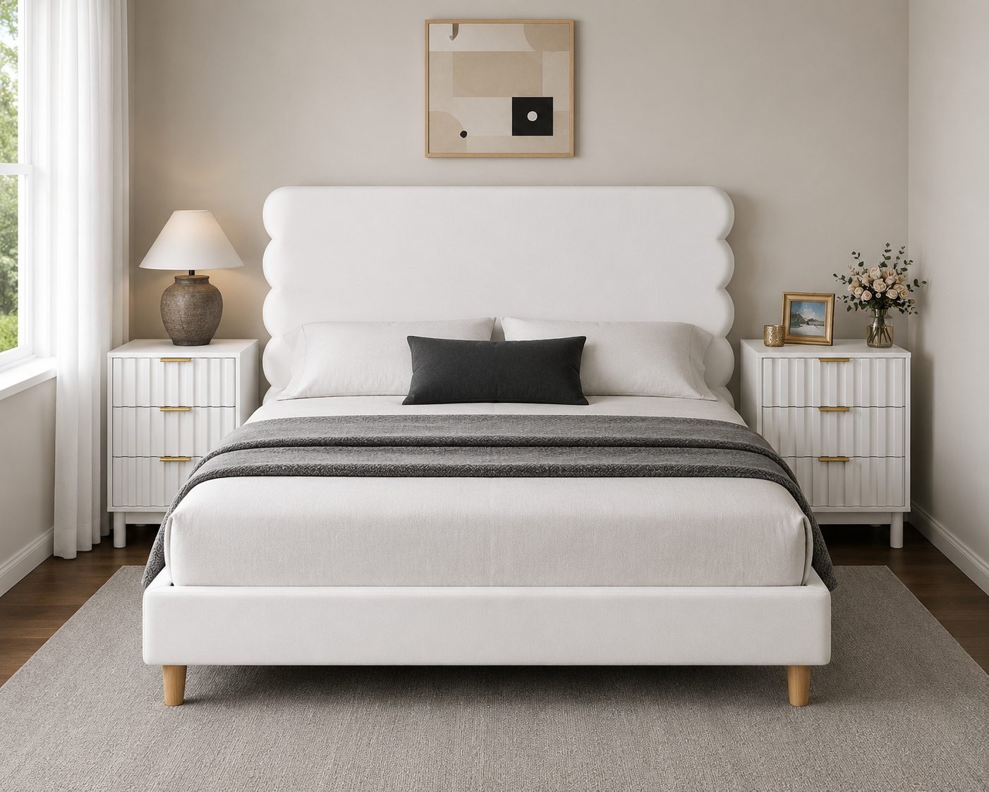 BED - VELVET - NO NEED BOX SPRING - WHITE & BRONZE