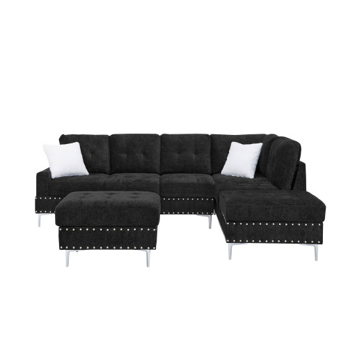 Sectional Sofa with Chaise & Storage Ottoman, Metal Legs (Chenille + 4 Seat + Foam)