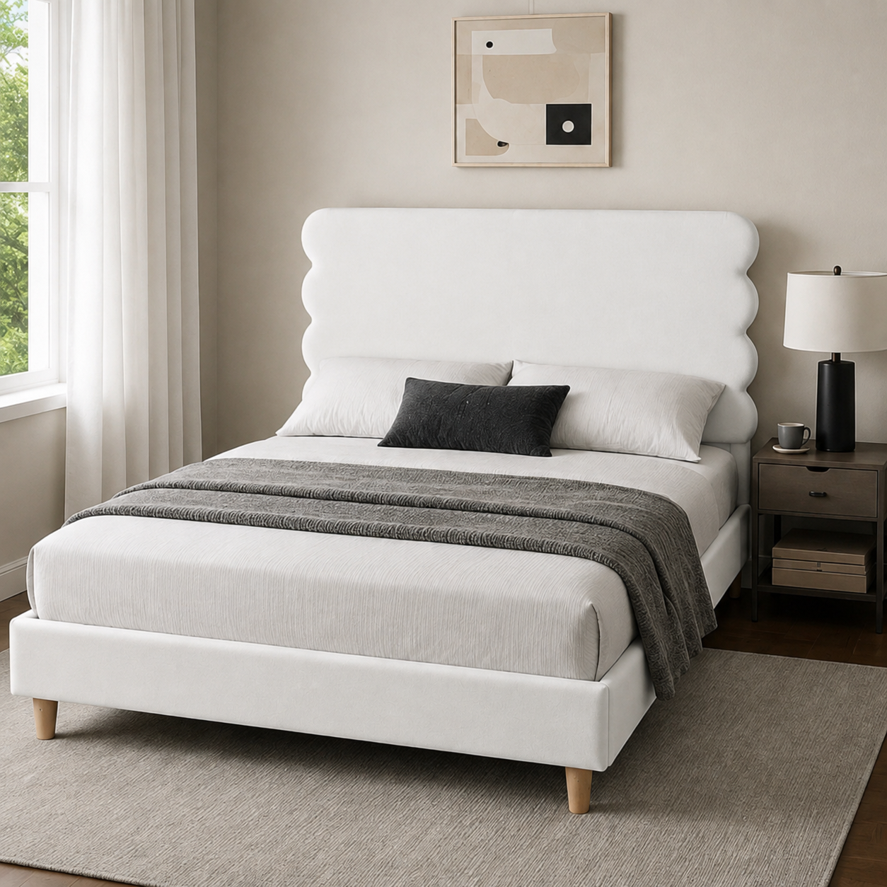 BED - VELVET - NO NEED BOX SPRING - WHITE & BRONZE