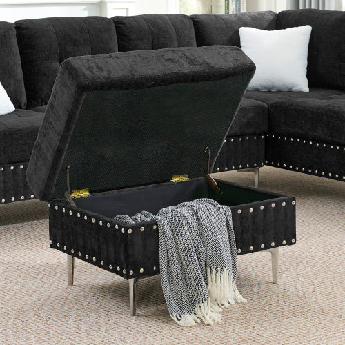 Sectional Sofa with Chaise & Storage Ottoman, Metal Legs (Chenille + 4 Seat + Foam)