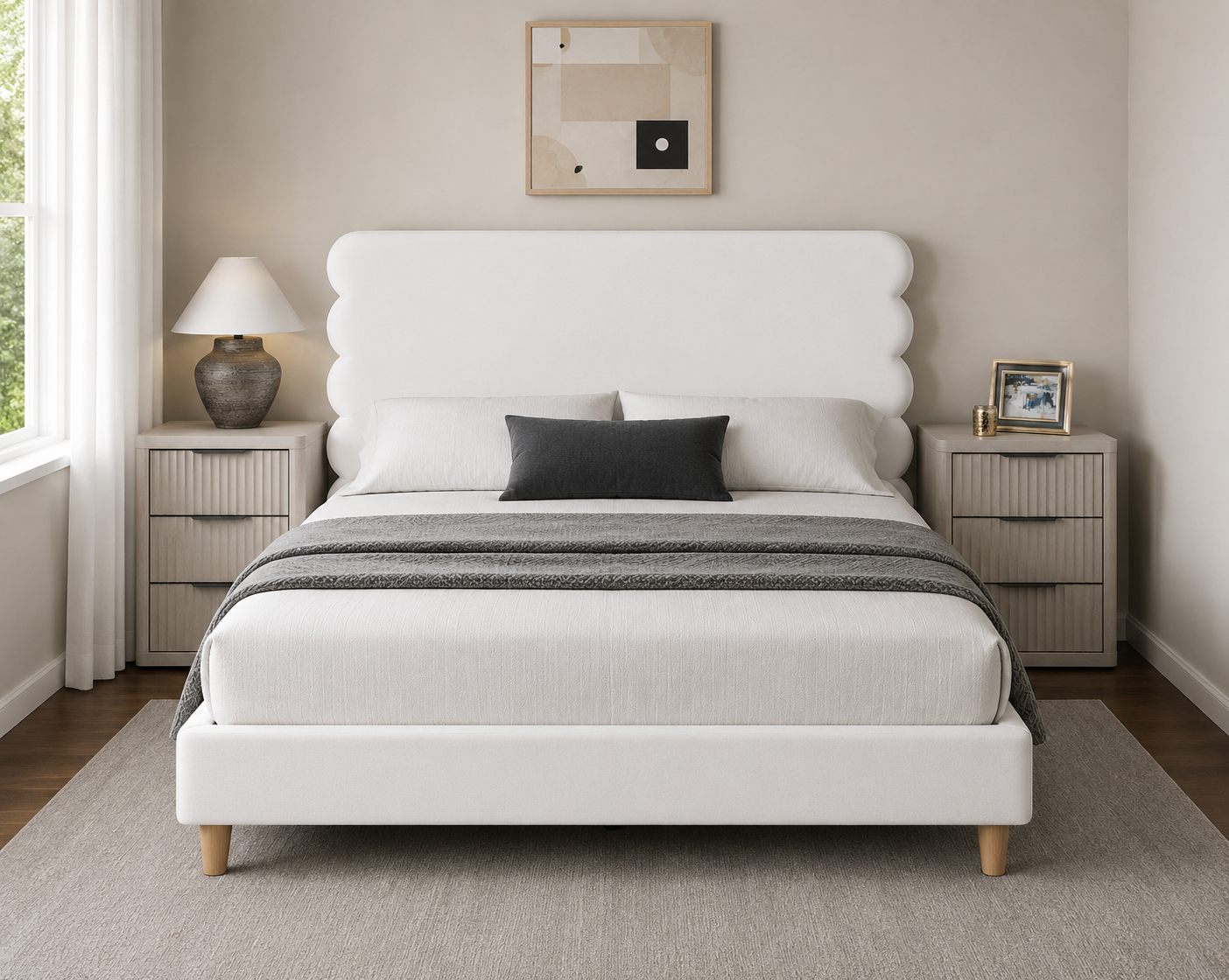 BED - VELVET - NO NEED BOX SPRING - WHITE & BRONZE