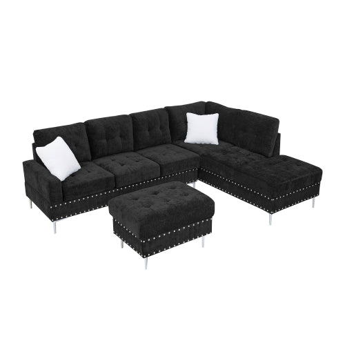 Sectional Sofa with Chaise & Storage Ottoman, Metal Legs (Chenille + 4 Seat + Foam)