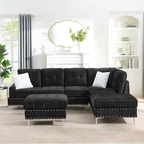 Sectional Sofa with Chaise & Storage Ottoman, Metal Legs (Chenille + 4 Seat + Foam)