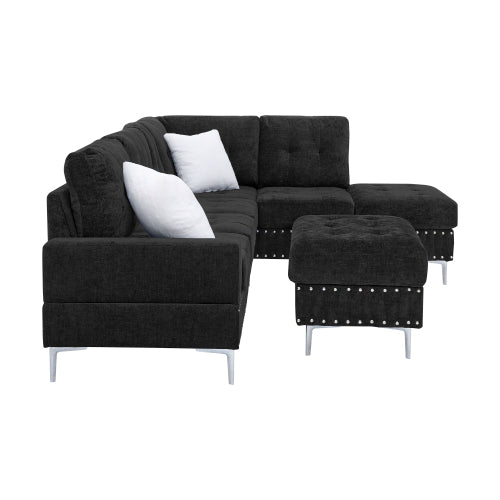 Sectional Sofa with Chaise & Storage Ottoman, Metal Legs (Chenille + 4 Seat + Foam)