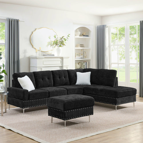 Sectional Sofa with Chaise & Storage Ottoman, Metal Legs (Chenille + 4 Seat + Foam)